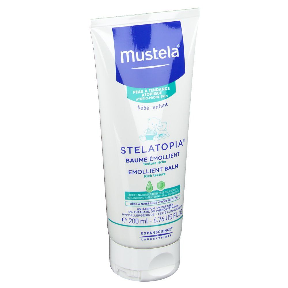 Tubo bianco Mustela STELATOPIA, Baume Emollient. Scritte in francese e inglese. Contenuto 200 ml. Per pelle atopica.