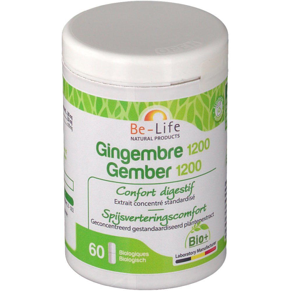 Barattolo bianco Be-Life con etichetta verde. Scritta: Gingembre 1200, Gember 1200, Confort digestif. Contiene 60 capsule.