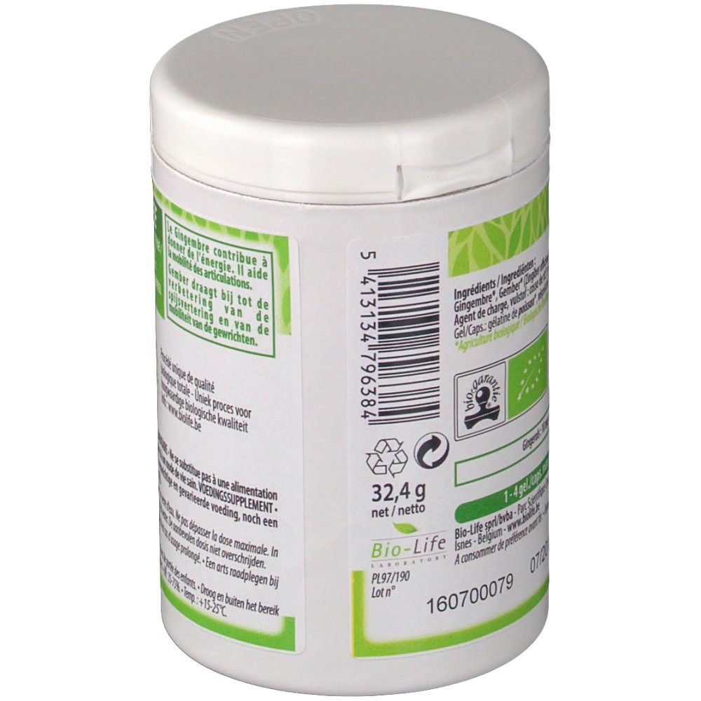 Vista laterale del barattolo bianco Be-Life. Etichetta verde con testo e codice a barre. Contiene informazioni sul peso e il numero di lotto.