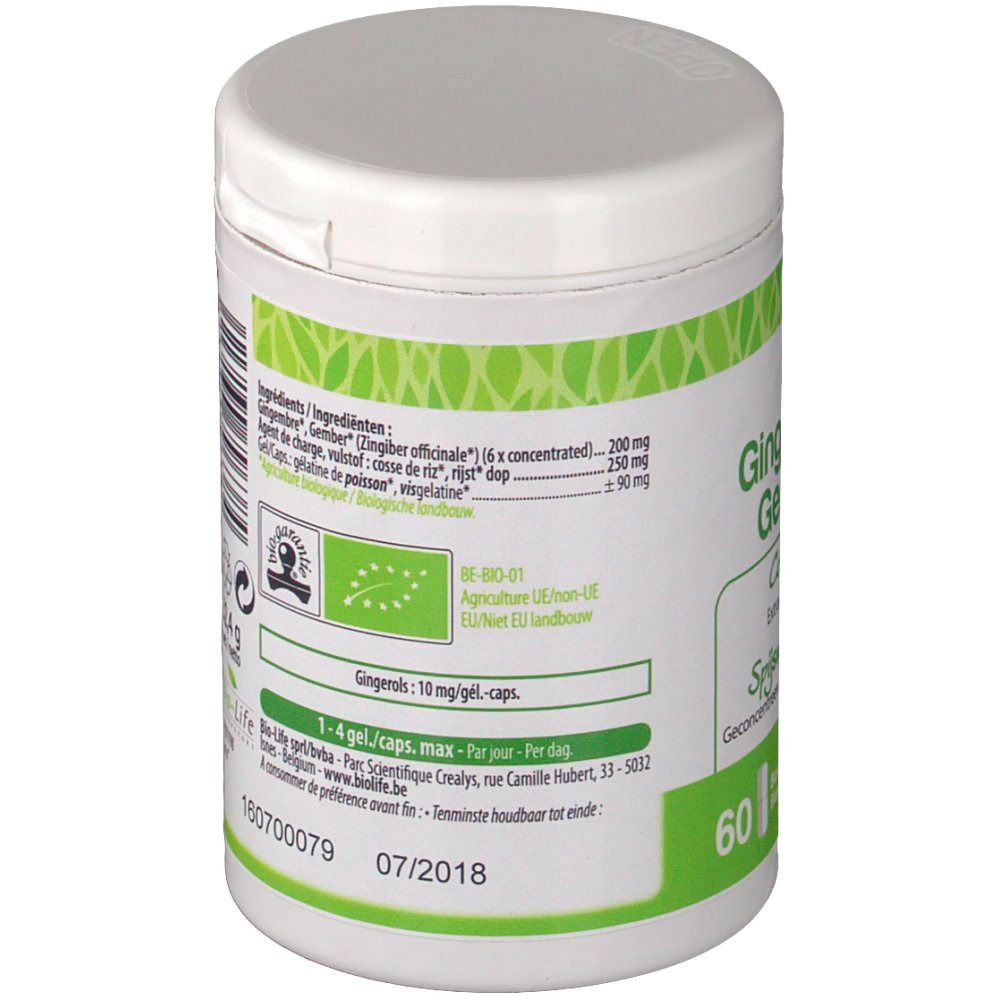 Vista laterale del barattolo bianco Be-Life. Etichetta verde con ingredienti e certificazione bio. Contiene 60 capsule.