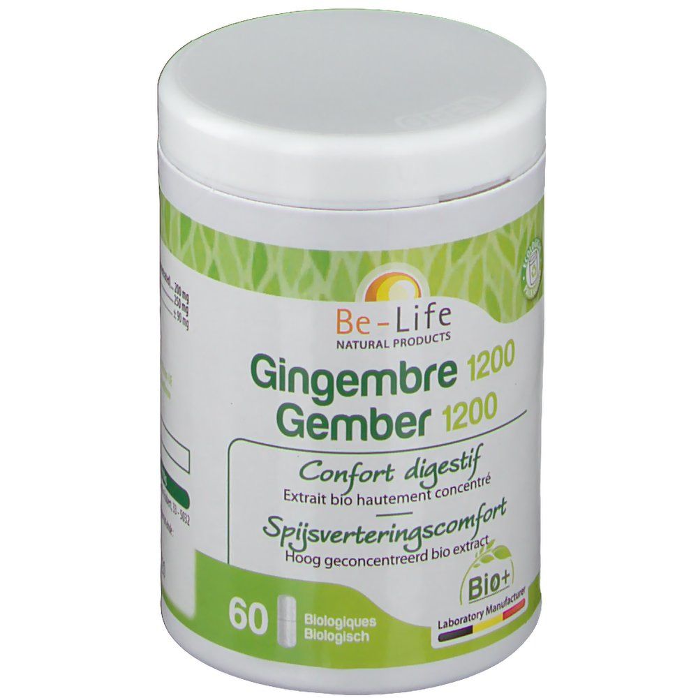 Barattolo bianco Be-Life con etichetta verde. Scritta: Gingembre 1200, Gember 1200, Confort digestif. Contiene 60 capsule.