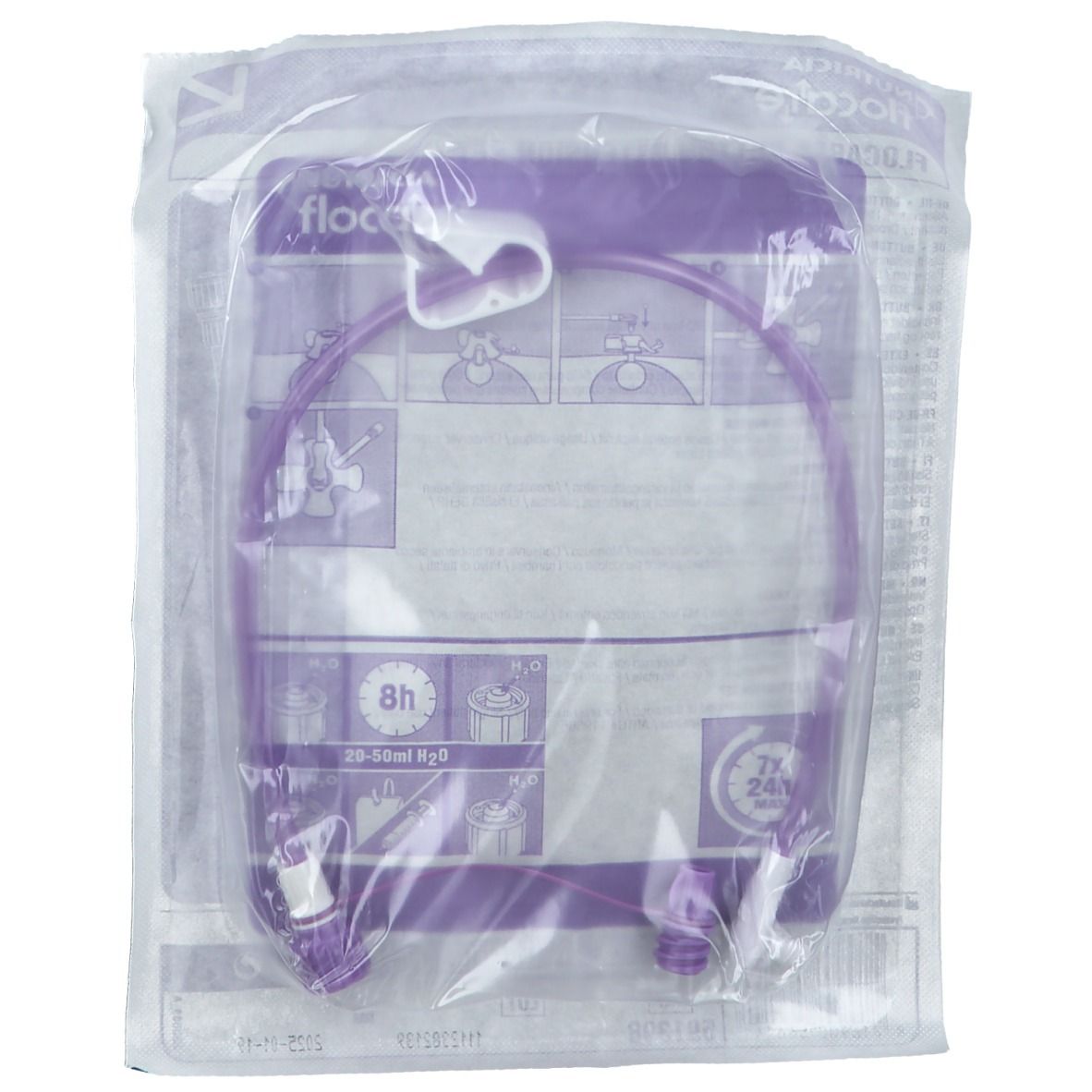 Estensione Flocare viola confezionata. Tubo con connettori Enfit. Scritte: 8h, 29-30ml H2O, 24h.