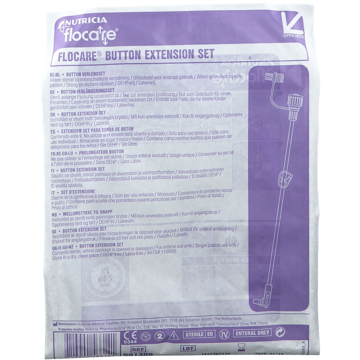 Confezione con Flocare Button Extension Set. Illustrazione del set. Testo multilingue. Marchio Nutricia Flocare.