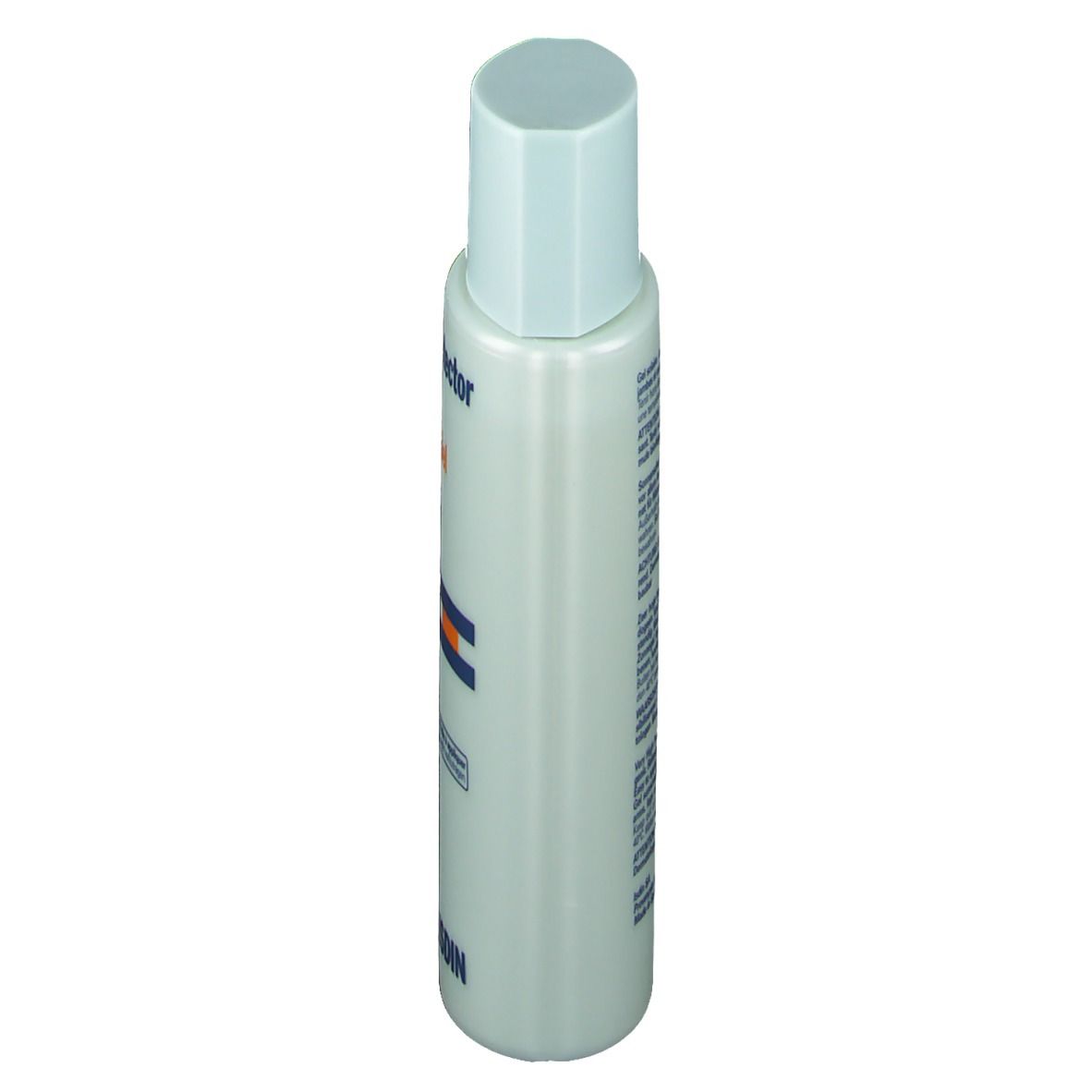 Flacone di crema solare, vista laterale. Flacone blu e bianco con tappo blu. Logo ISDIN.
