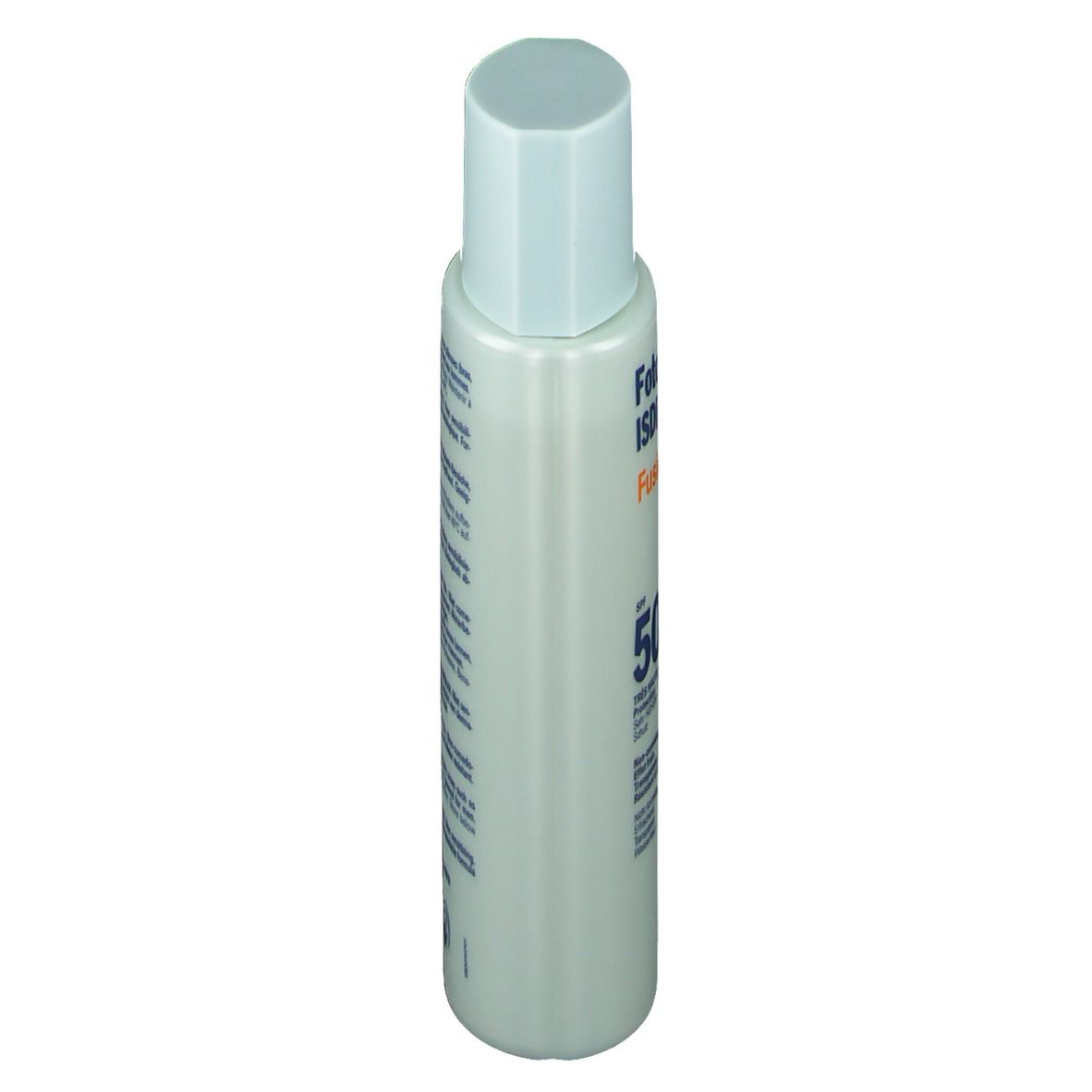 Flacone di crema solare, vista laterale. Flacone blu e bianco con tappo blu. Logo ISDIN.