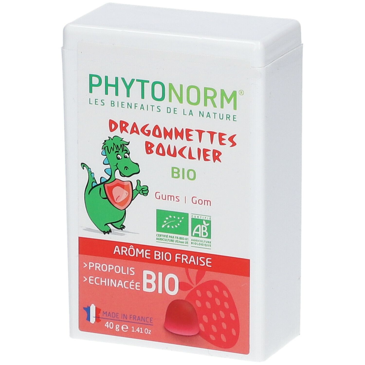 Contenitore bianco con scritta PHYTONORM, Dragonnettes Bouclier, BIO. Illustrazione di drago e fragola. Ingredienti: propoli, echinacea.