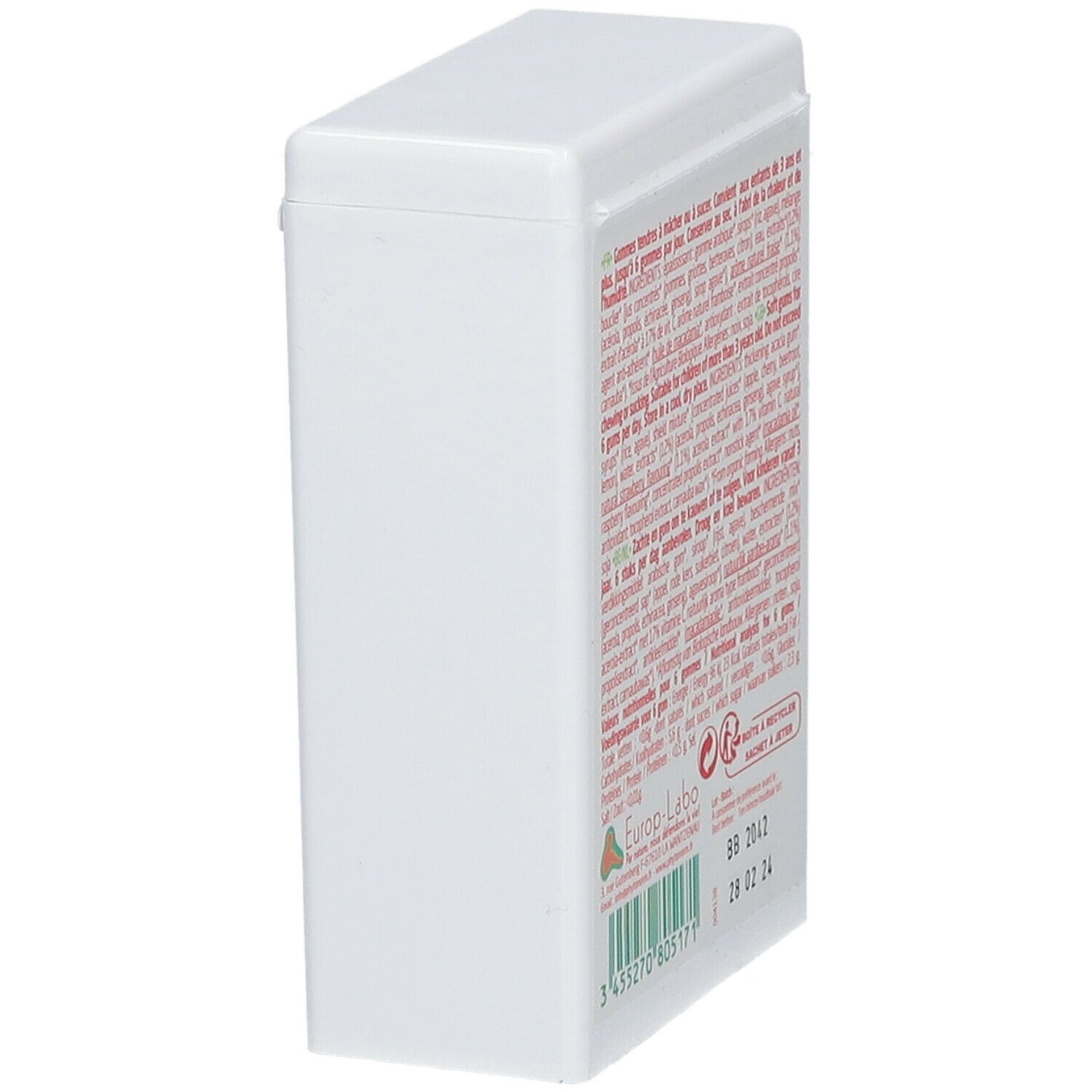 Contenitore bianco, visto di lato. Testo sul retro. Logo Europ-Labo. Codice a barre e data di scadenza.