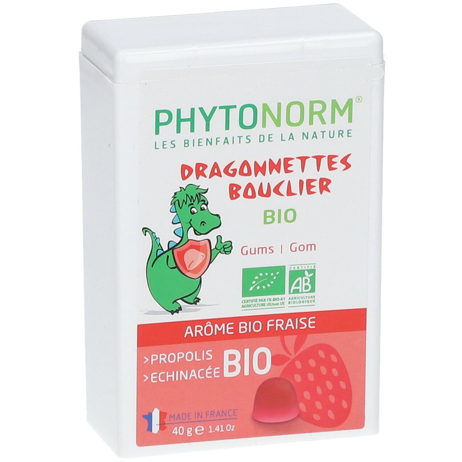 Contenitore bianco con scritta PHYTONORM, Dragonnettes Bouclier, BIO. Illustrazione di drago e fragola. Ingredienti: propoli, echinacea.