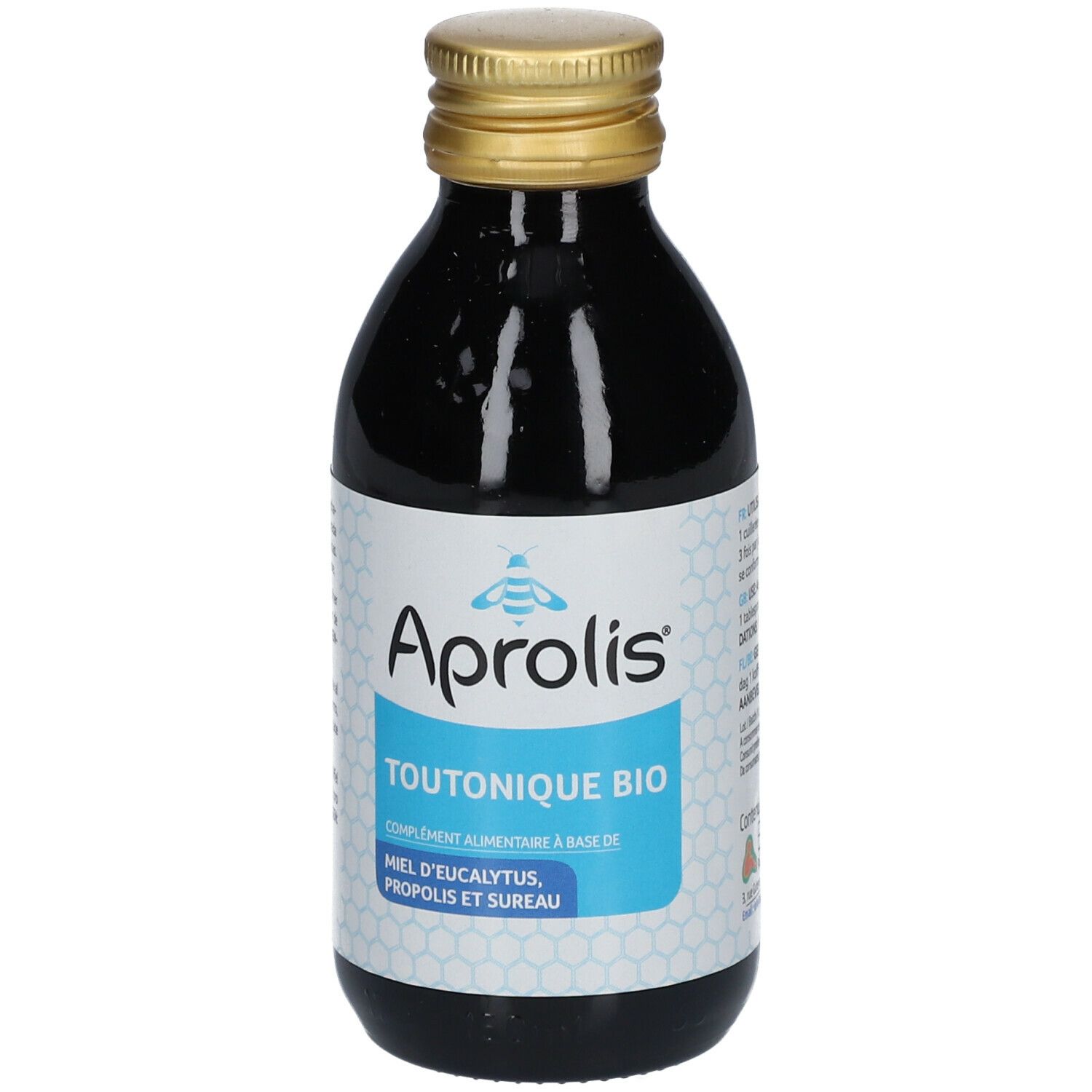 Bottiglia di vetro marrone, tappo dorato. Etichetta "Aprolis TOUTONIQUE BIO".