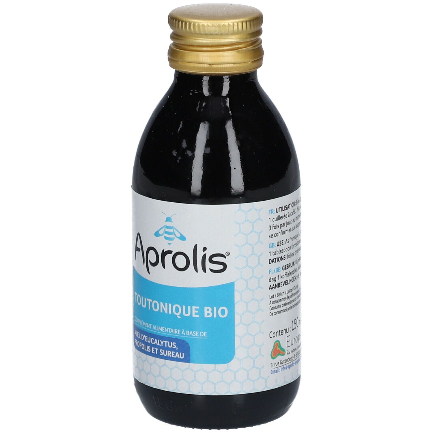 Bottiglia marrone, tappo dorato. Etichetta "Aprolis TOUTONIQUE BIO" e ingredienti.