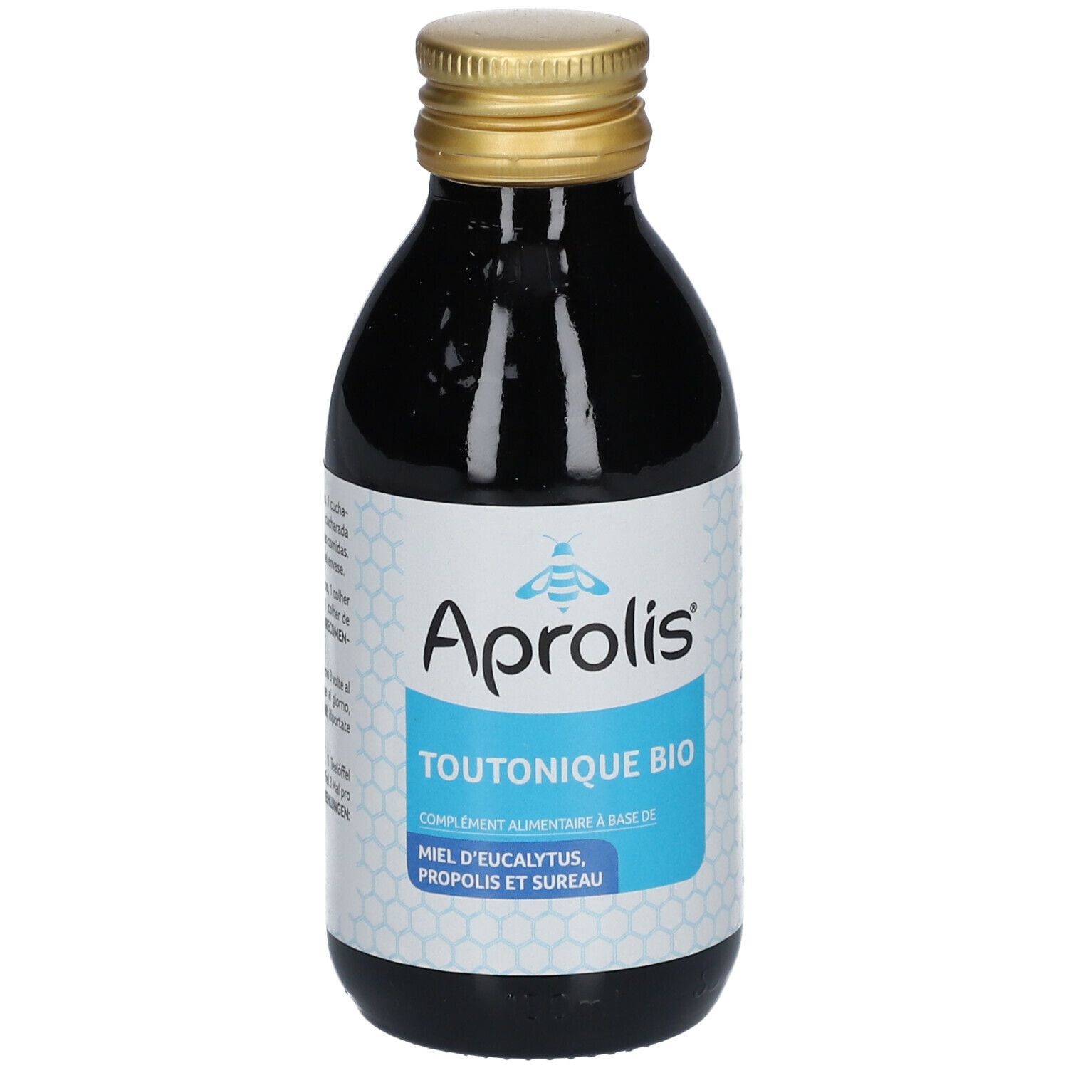 Bottiglia di vetro marrone, tappo dorato. Etichetta "Aprolis TOUTONIQUE BIO".