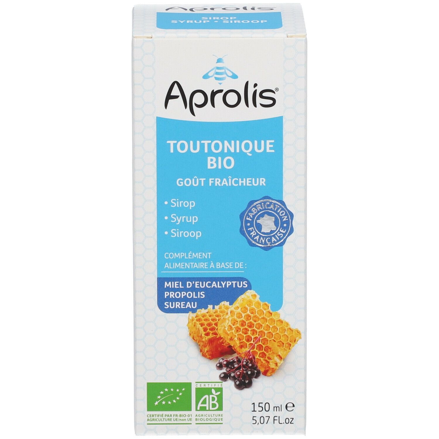 Confezione: scatola con "Aprolis TOUTONIQUE BIO". Illustrazione di favi e bacche.