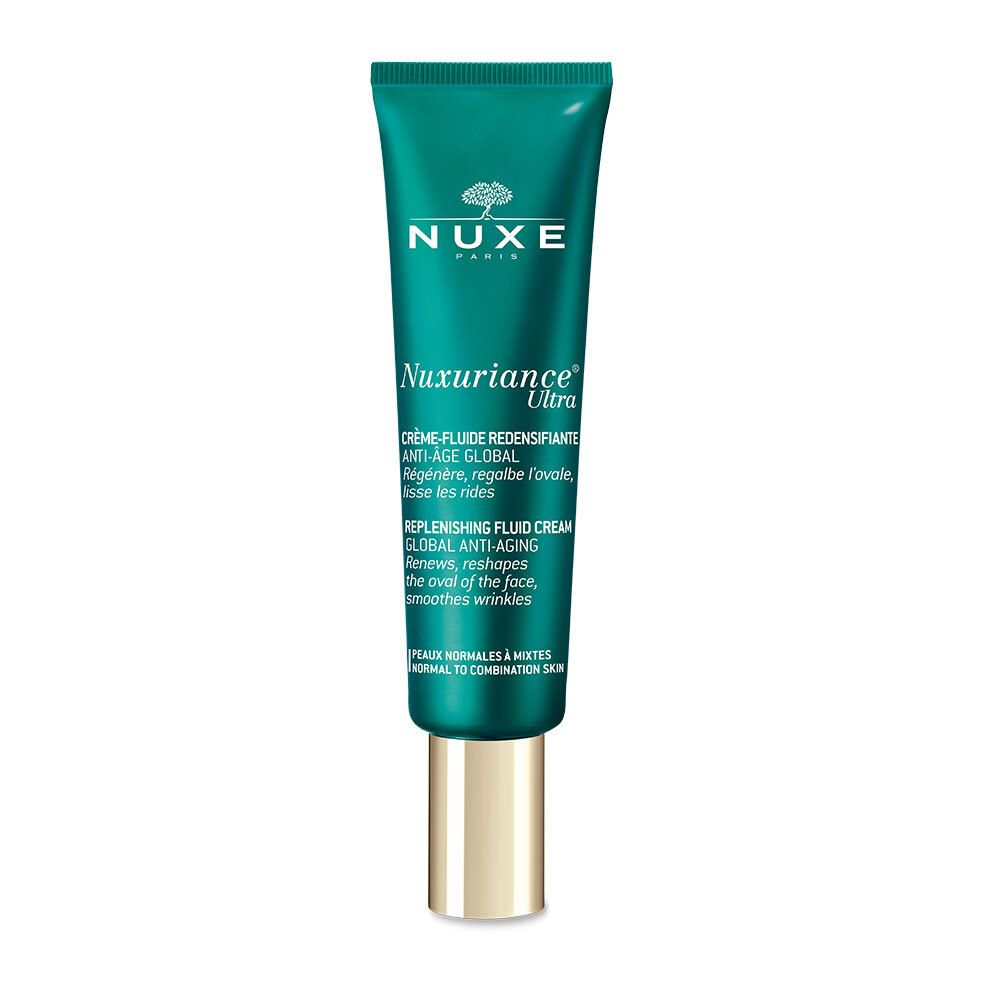 Tubo verde con tappo dorato. Scritta: NUXE, Nuxuriance Ultra, Crème-Fluid. Testo in francese e inglese.