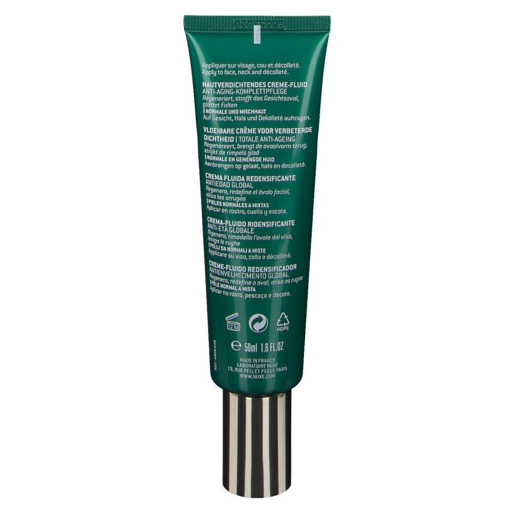 Retro di un tubo verde. Scritta: NUXE, Nuxuriance Ultra, Crème-Fluid. Testo in più lingue. Chiusura dorata.