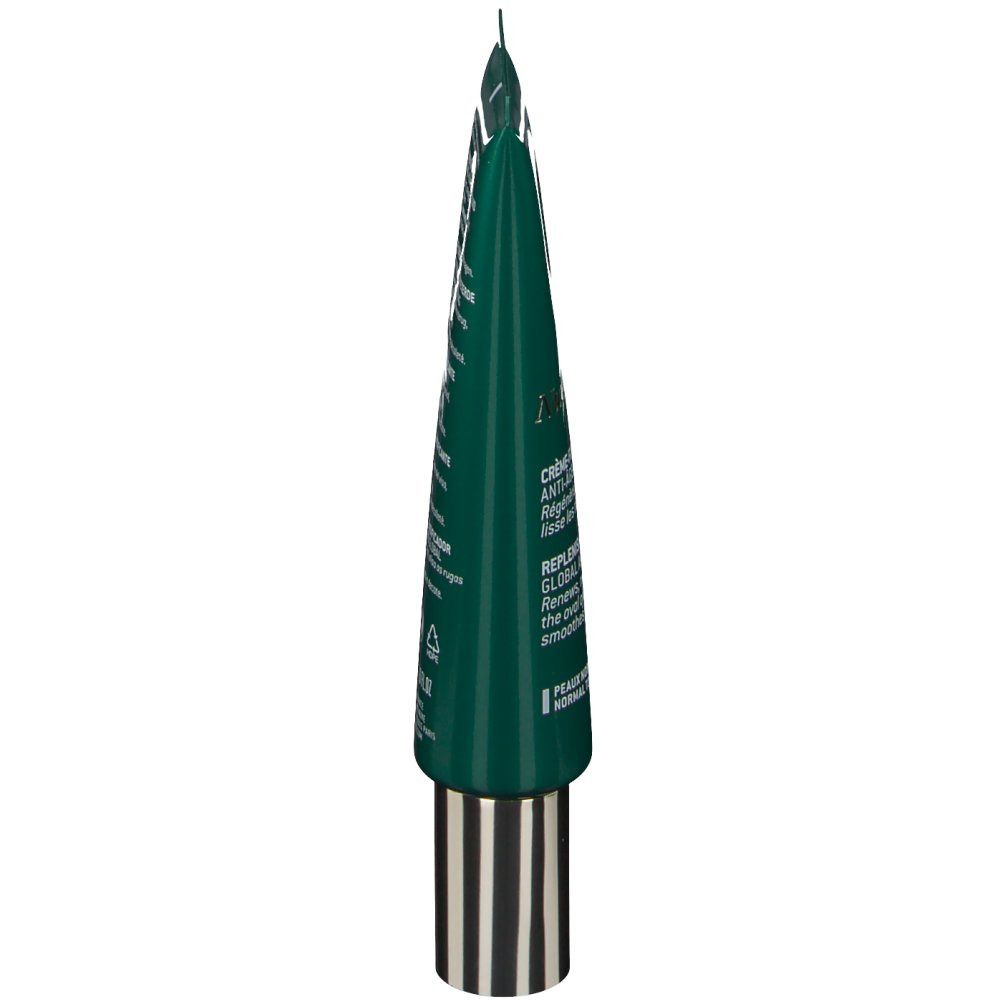Tubo verde, punta verso l'alto. Scritta: NUXE, Nuxuriance Ultra, Crème-Fluid. Testo in francese e inglese. Chiusura dorata.