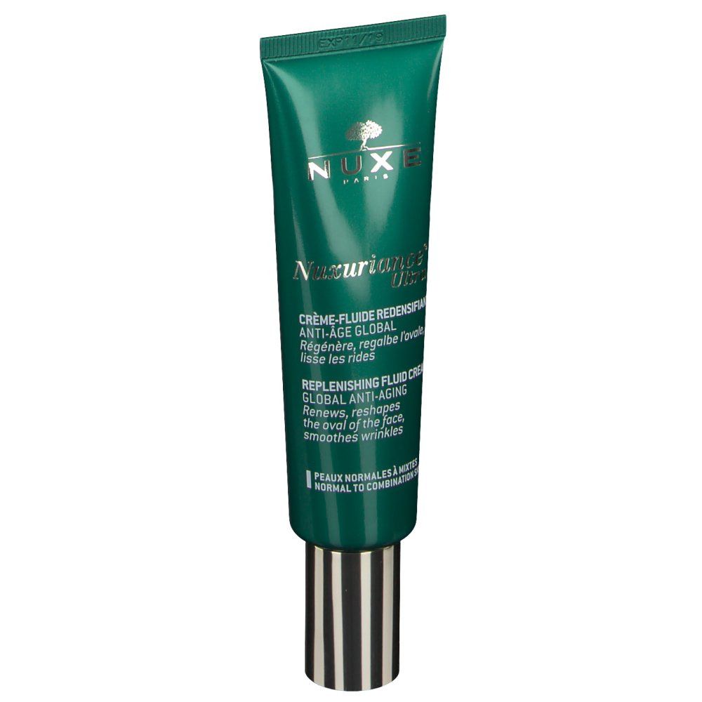 Tubo verde con tappo dorato. Scritta: NUXE, Nuxuriance Ultra, Crème-Fluid. Testo in francese e inglese.