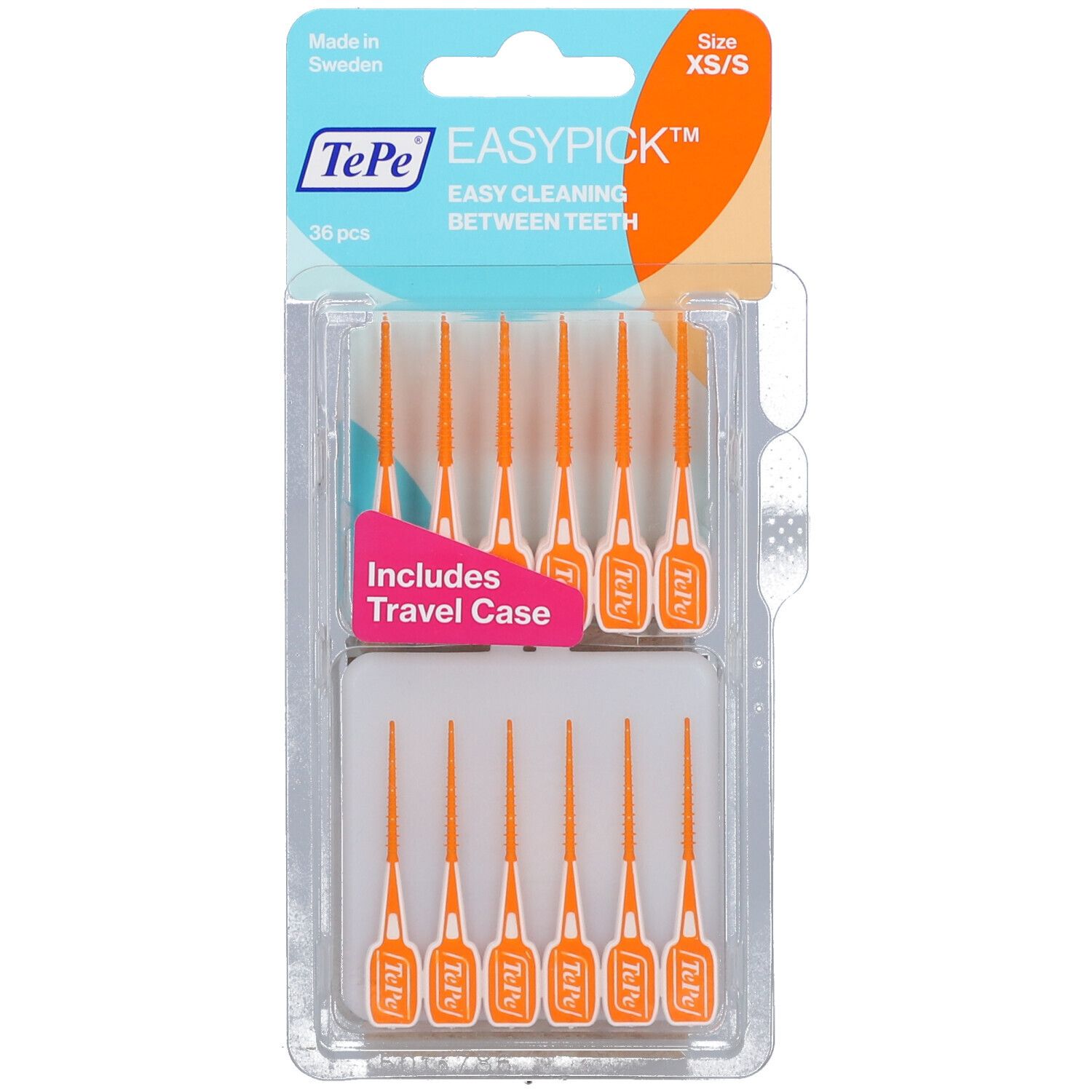 Scovolini interdentali arancioni in confezione blister. Misura XS/S. Include custodia da viaggio.