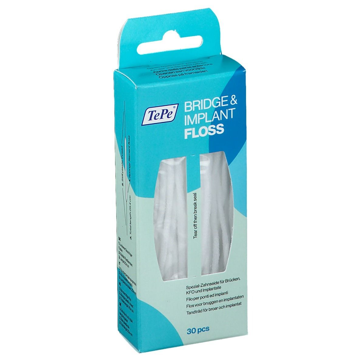 Confezione di filo interdentale TePe® Bridge & Implant. Scatola turchese e bianca con finestra e nome del prodotto.