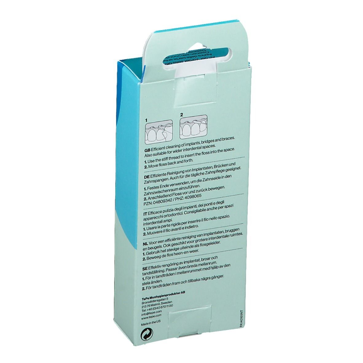 Retro della confezione di filo interdentale TePe® Bridge & Implant. Scatola turchese e bianca con istruzioni.