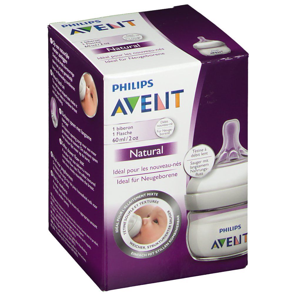 Confezione Philips AVENT Natural. Biberon e tettarella visibili. Testo: 60 ml/2 oz, Natural, Ideale per neonati.