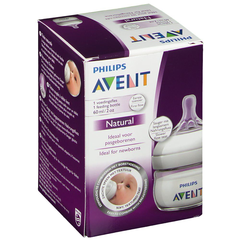 Confezione Philips AVENT Natural. Biberon e tettarella visibili. Testo: 60 ml/2 oz, Natural, Ideale per neonati.