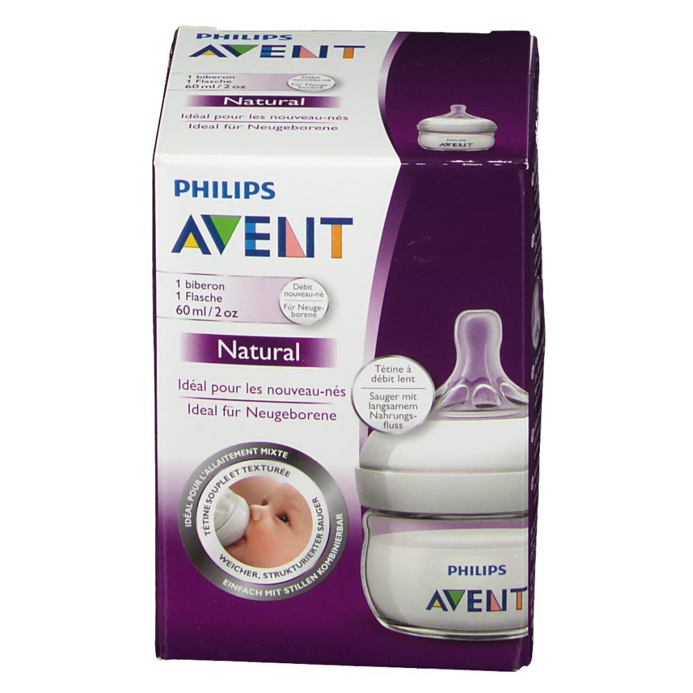 Confezione Philips AVENT Natural. Biberon e tettarella visibili. Testo: 60 ml/2 oz, Natural, Ideale per neonati.