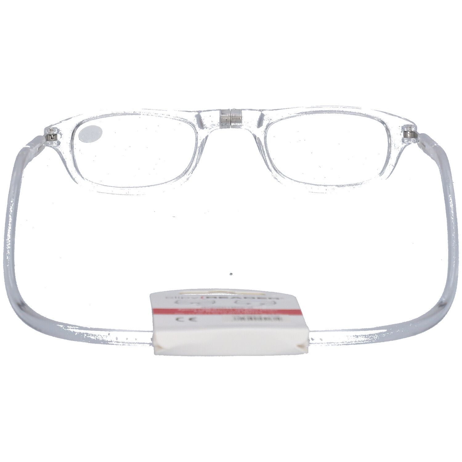 Occhiali trasparenti con +3,50 sul vetro sinistro. Un'etichetta è attaccata.