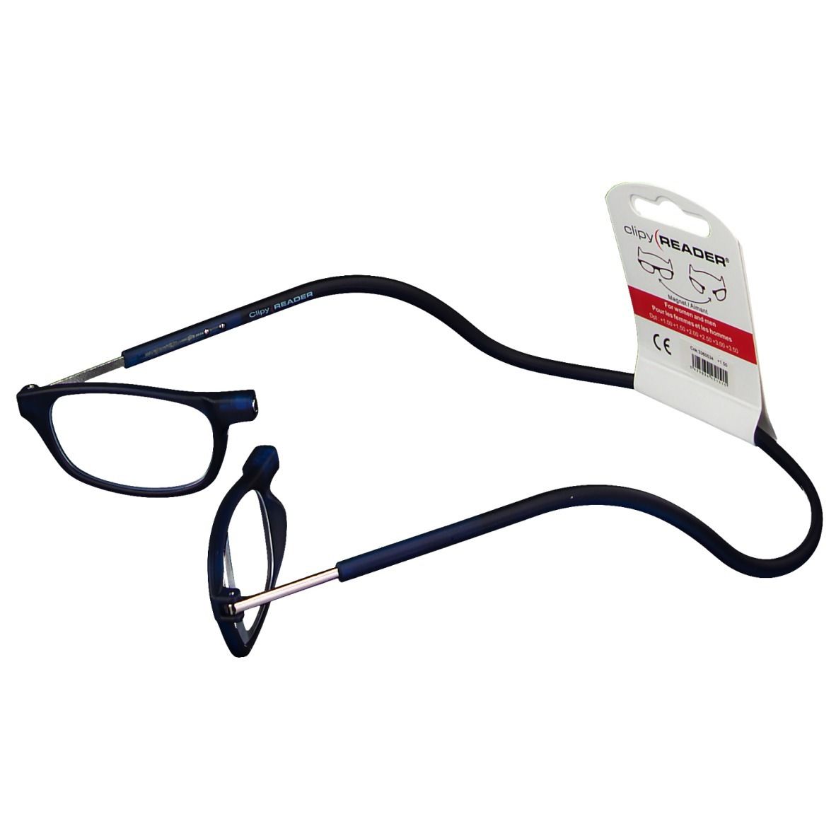 Occhiali da lettura blu +1,50, design diviso, cordino nero, confezione con marchio CE.