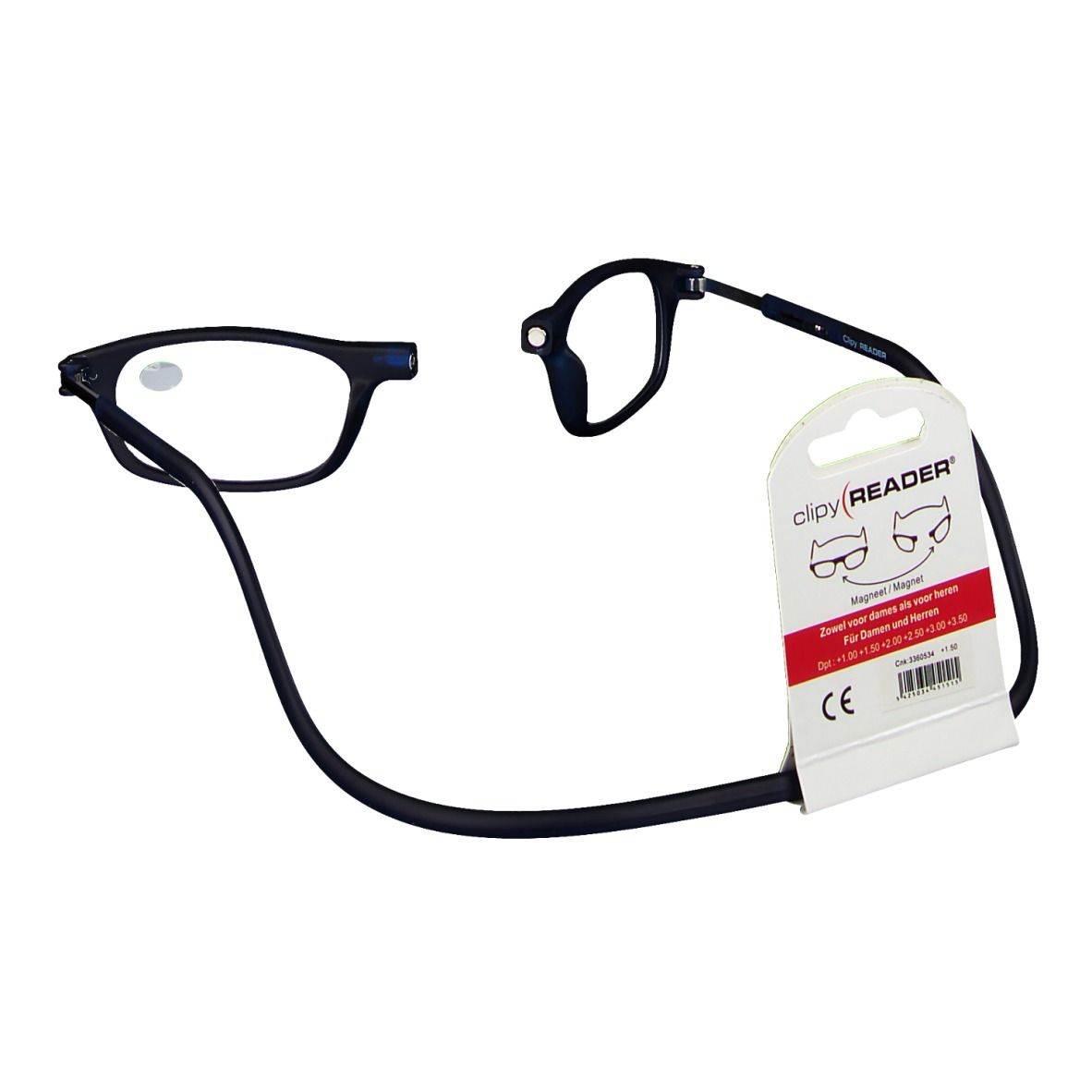 Occhiali da lettura neri +1,50, design diviso, cordino nero, confezione con marchio CE.
