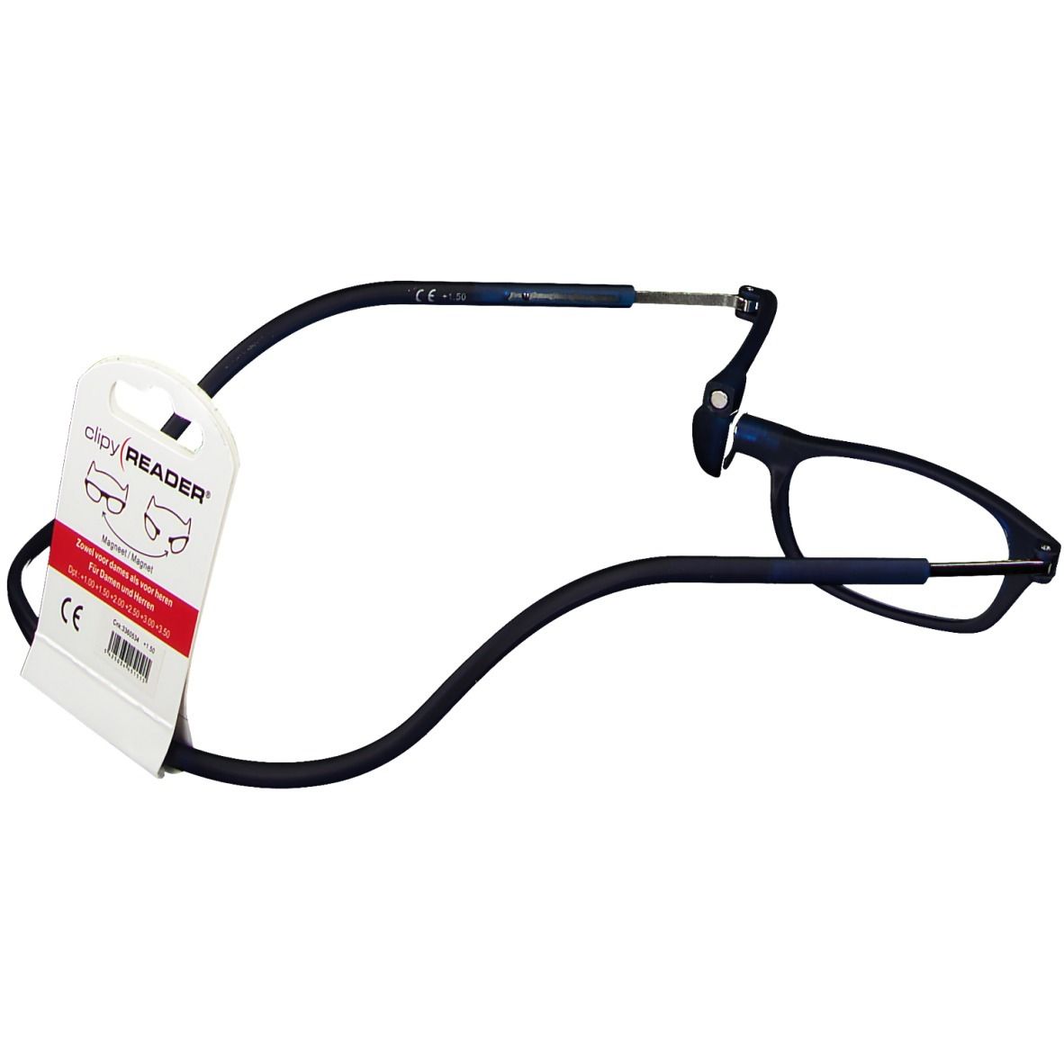 Occhiali da lettura blu +1,50, design diviso, cordino nero, confezione con marchio CE.