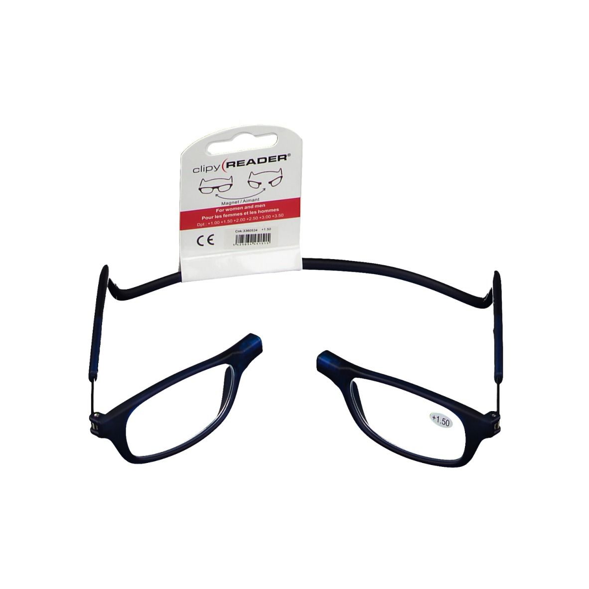 Occhiali da lettura blu +1,50, design diviso, cordino nero, confezione con marchio CE.