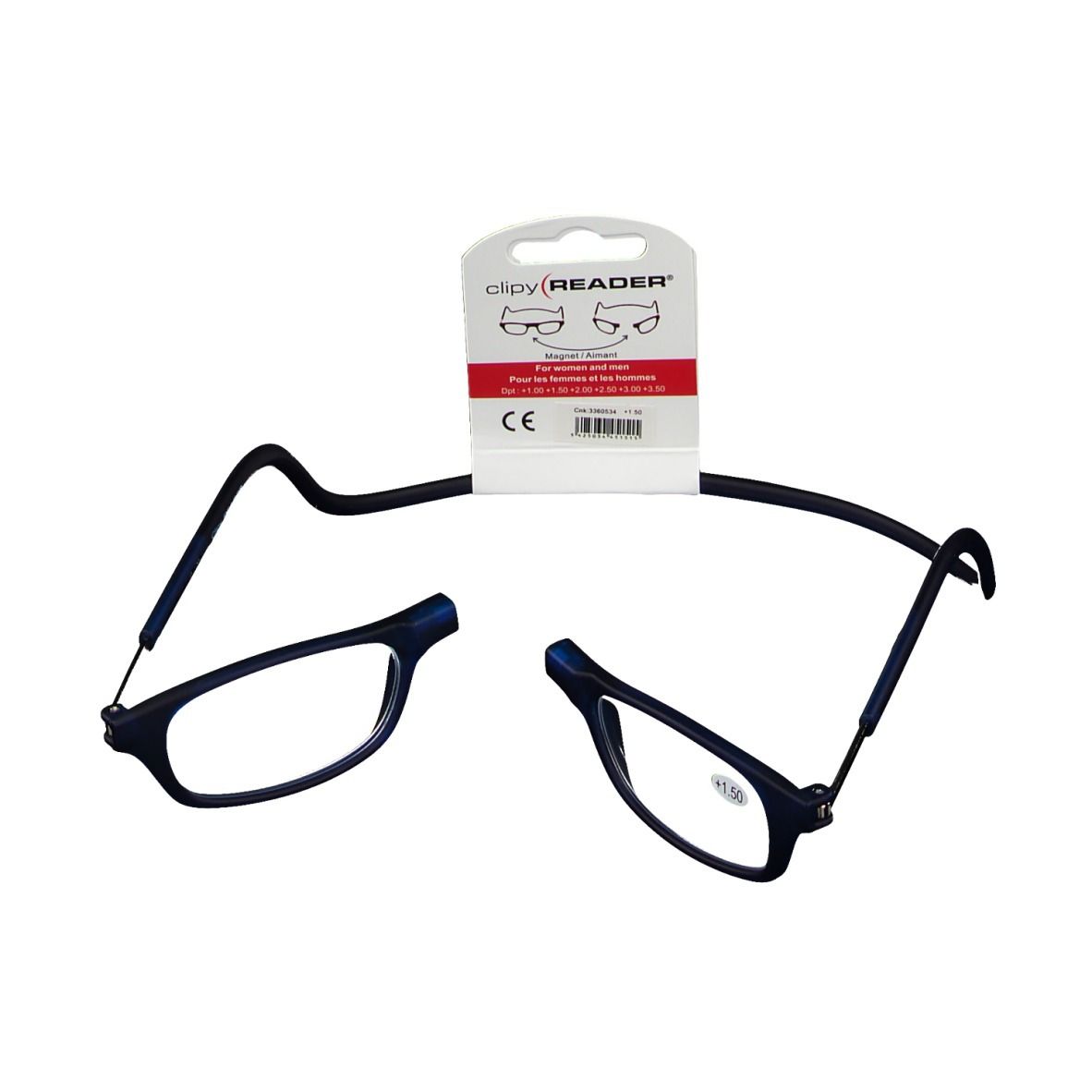 Occhiali da lettura blu +1,50, design diviso, cordino nero, confezione con marchio CE.