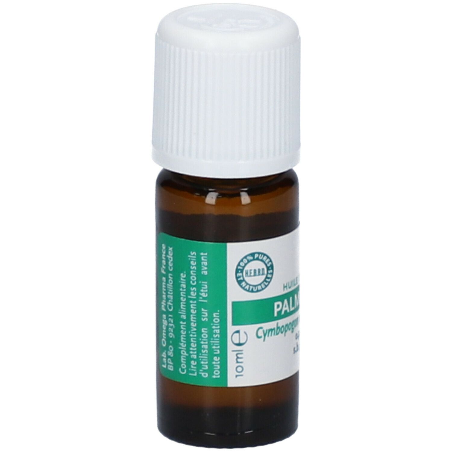 Flacone marrone con tappo bianco. Etichetta verde: Palma Rosa, 10 ml. Ingredienti naturali puri al 100%.