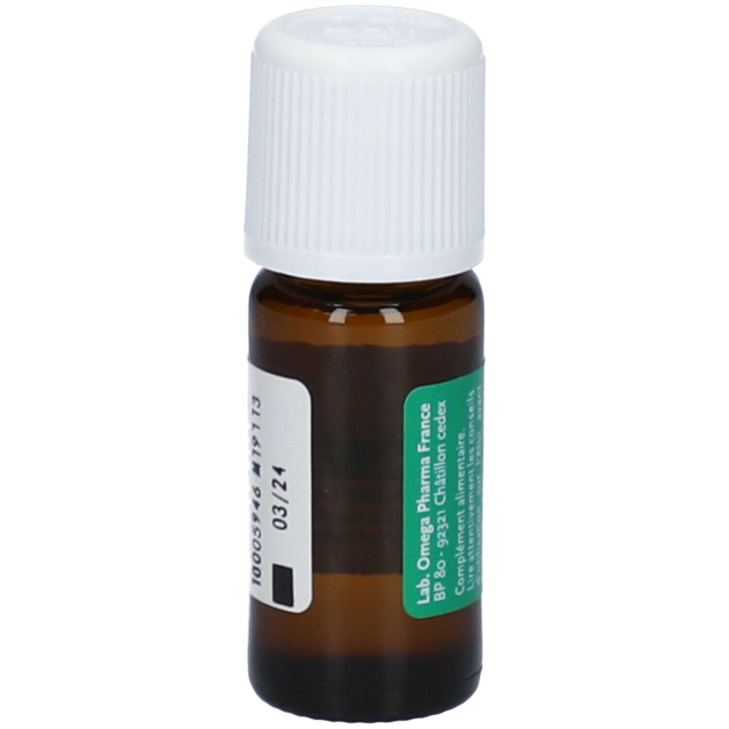 Flacone marrone con tappo bianco. Etichetta con numero di lotto e scadenza 03/24. Informazioni produttore.