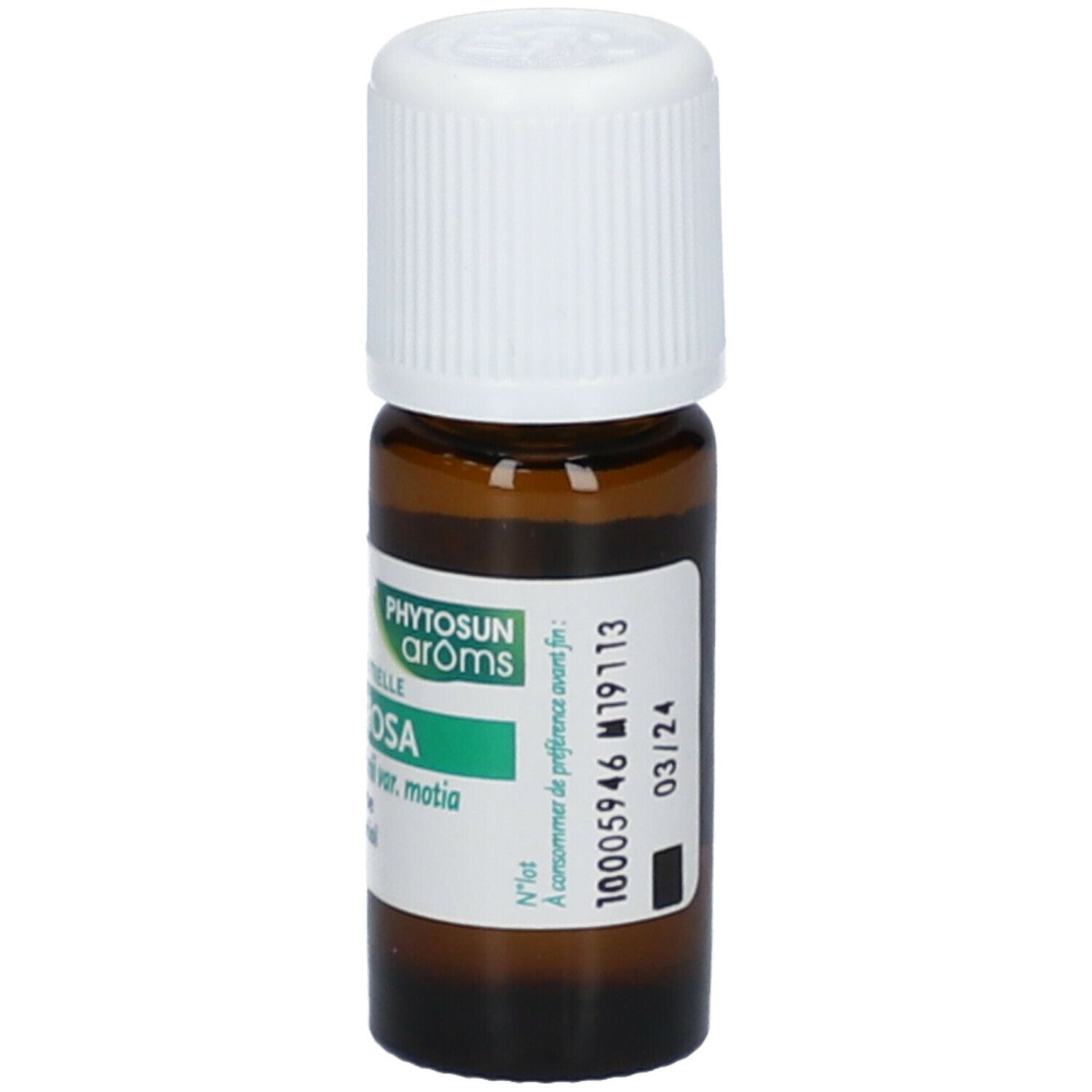 Flacone marrone con tappo bianco. Etichetta con nome prodotto Palma Rosa e scadenza 03/24. Marchio Phytosun.
