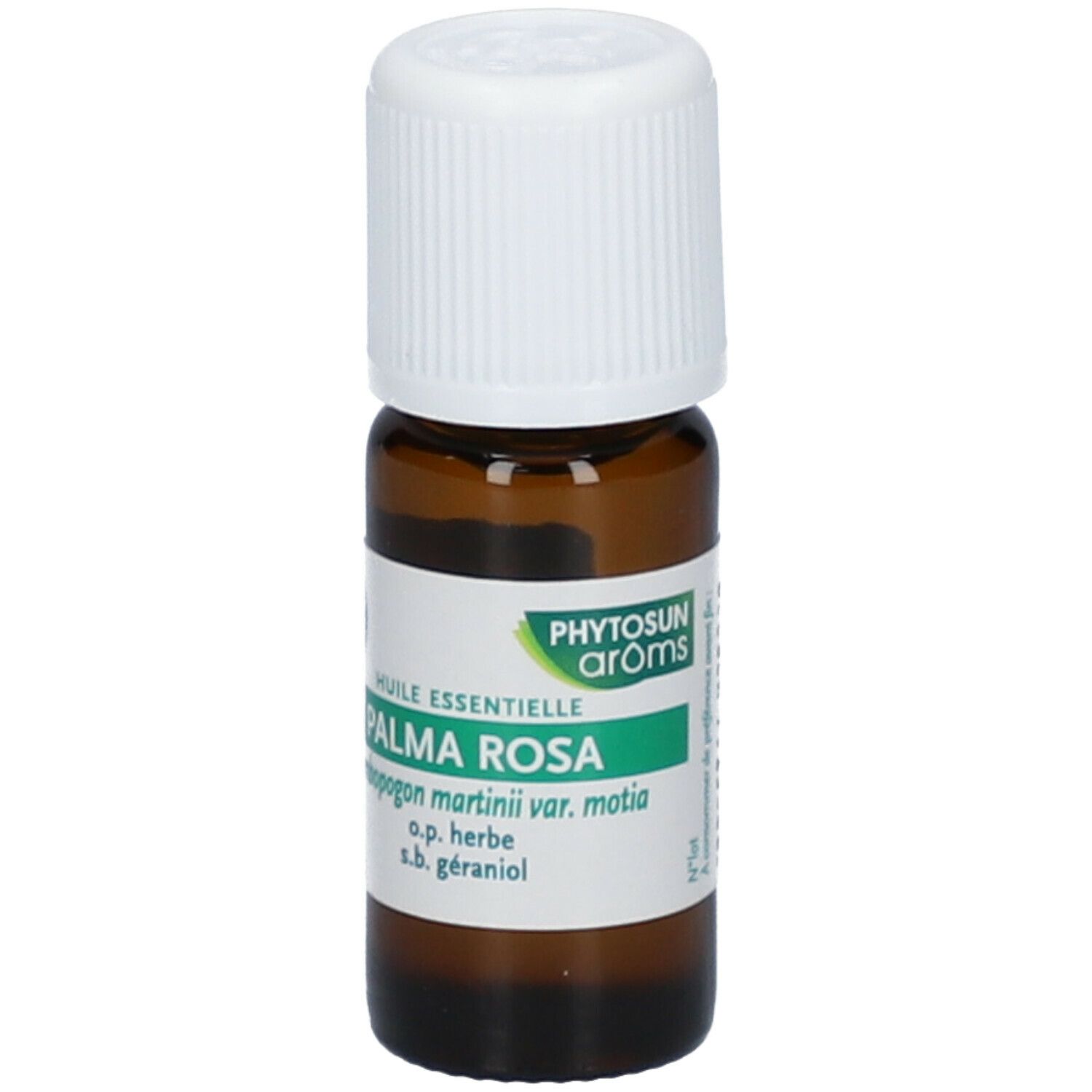 Flacone marrone con tappo bianco. Etichetta con nome prodotto Palma Rosa e marchio Phytosun aroms. Testo: Huile essentielle.