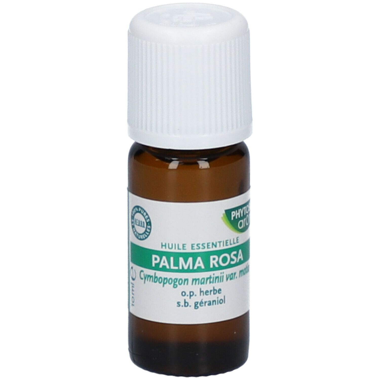 Flacone marrone con tappo bianco. Etichetta con nome prodotto Palma Rosa e marchio Phytosun aroms. Certificazione.