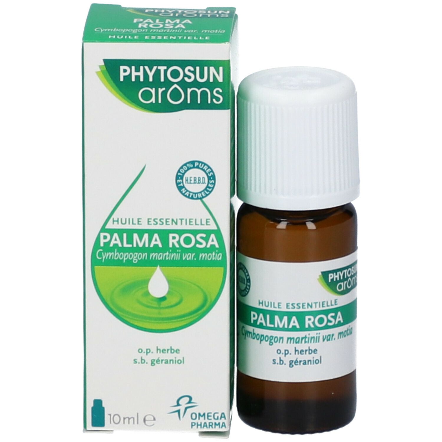 Flacone marrone e confezione. Confezione con nome prodotto Palma Rosa e marchio Phytosun aroms. 10 ml.