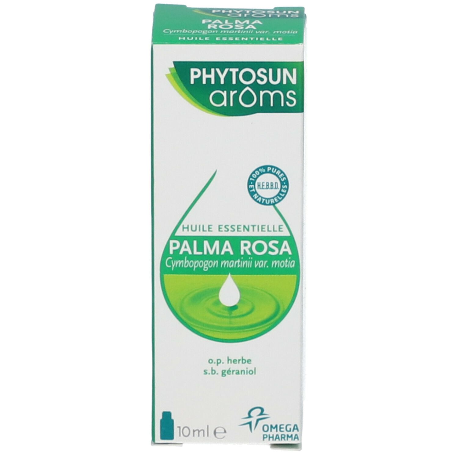 Confezione con nome prodotto Palma Rosa e marchio Phytosun aroms. 10 ml. Illustrazione goccia. Certificazione.