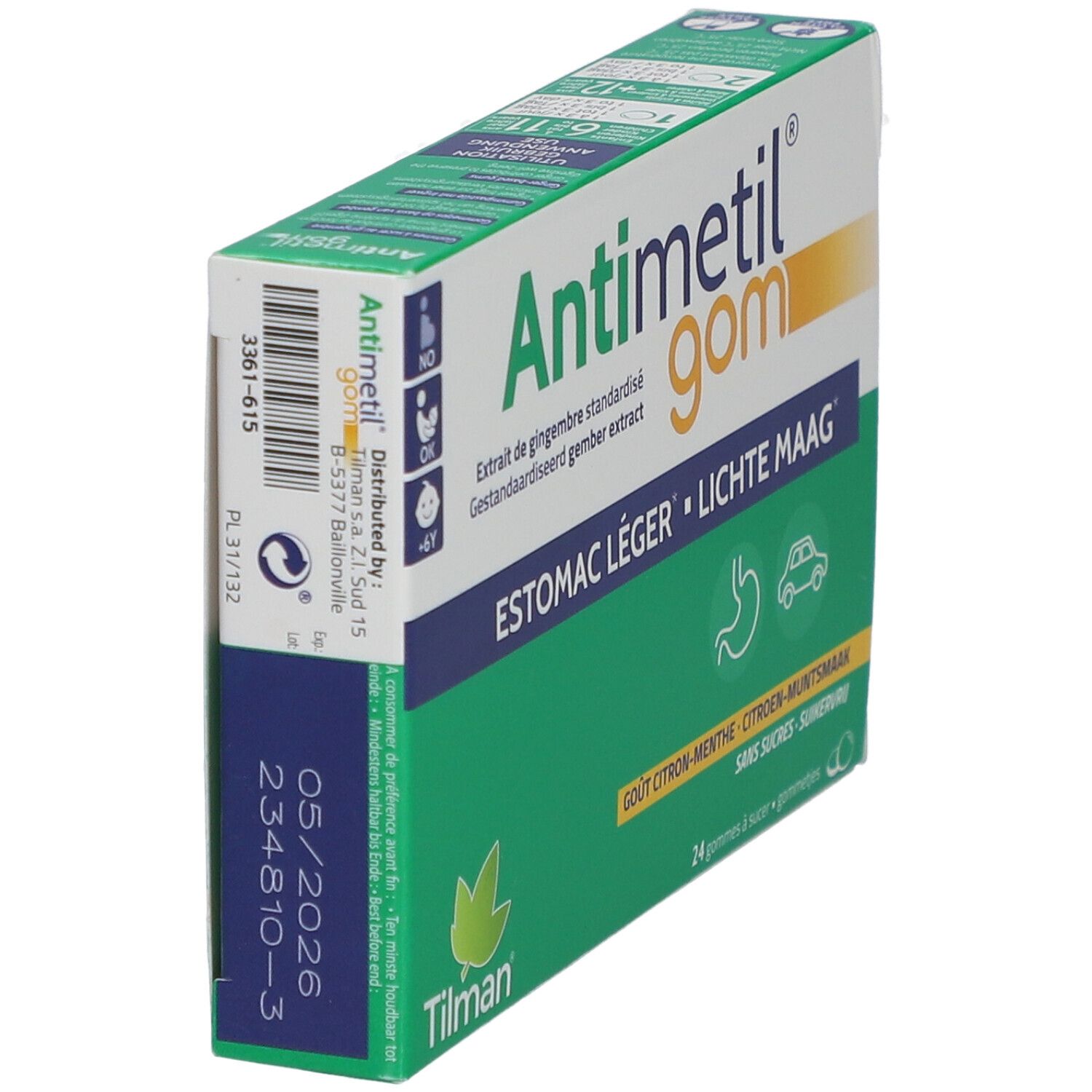Scatola Antimetil® gom. Verde e bianco. Testo: Estomac léger, Lichte Maag. 24 gomme. Gusto zenzero. Marchio Tilman.