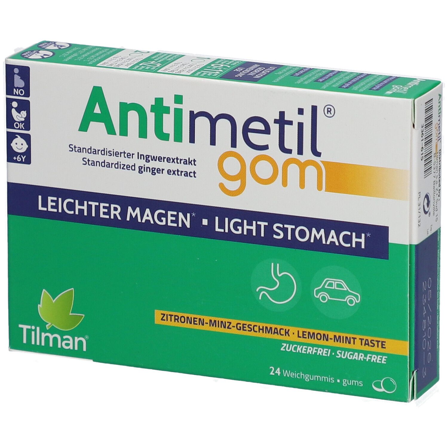 Scatola Antimetil® gom. Verde e bianco. Testo: Leichter Magen, Light Stomach. 24 gomme. Gusto limone-menta. Marchio Tilman.