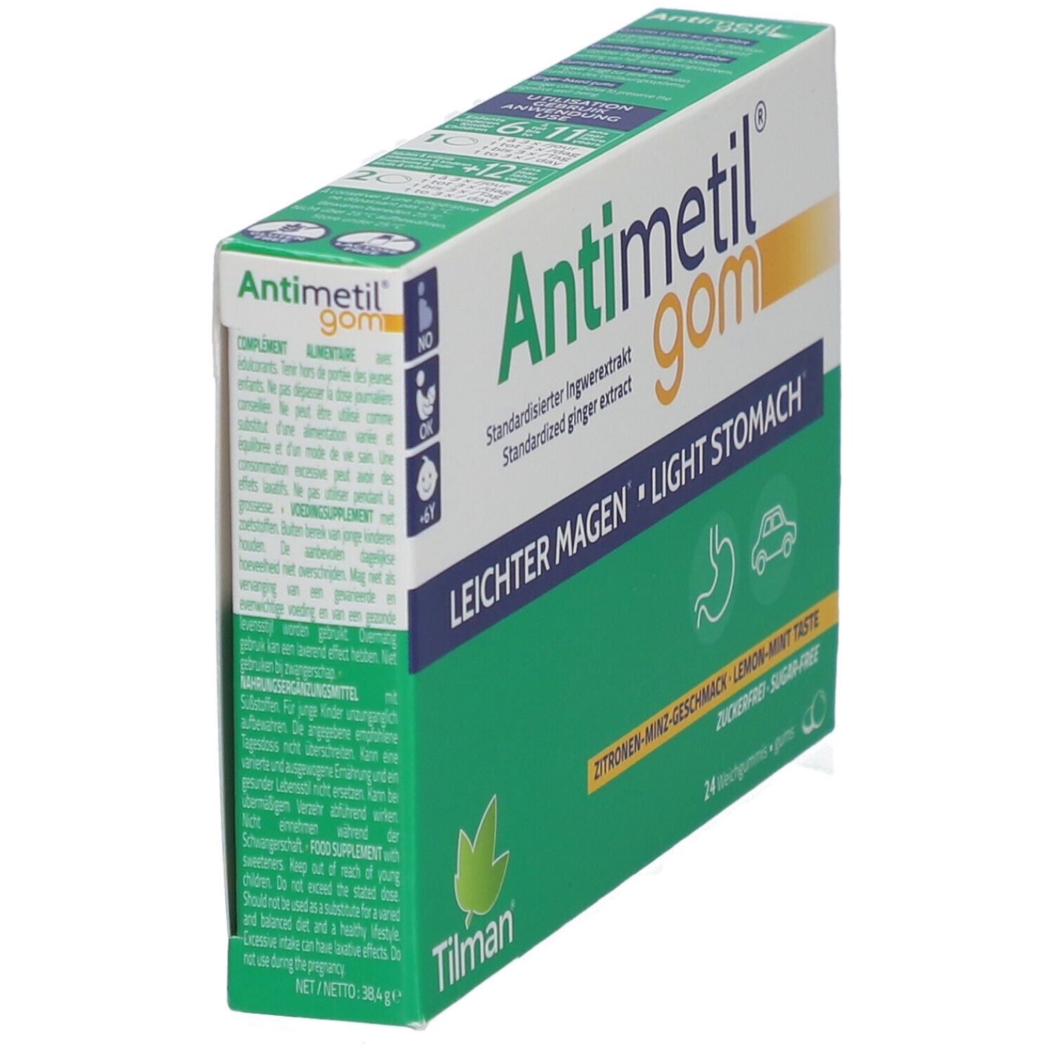 Scatola Antimetil® gom. Verde e bianco. Testo: Leichter Magen, Light Stomach. 24 gomme. Gusto limone-menta. Marchio Tilman.
