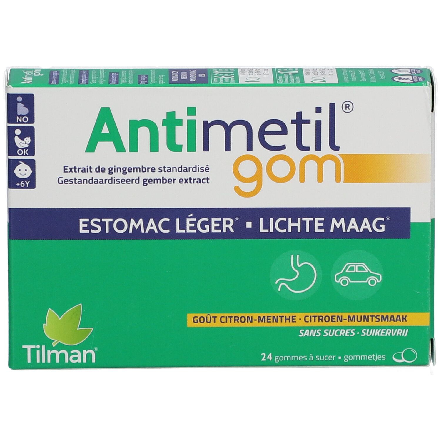 Scatola Antimetil® gom. Verde e bianco. Testo: Estomac léger, Lichte Maag. 24 gomme. Gusto zenzero. Marchio Tilman.