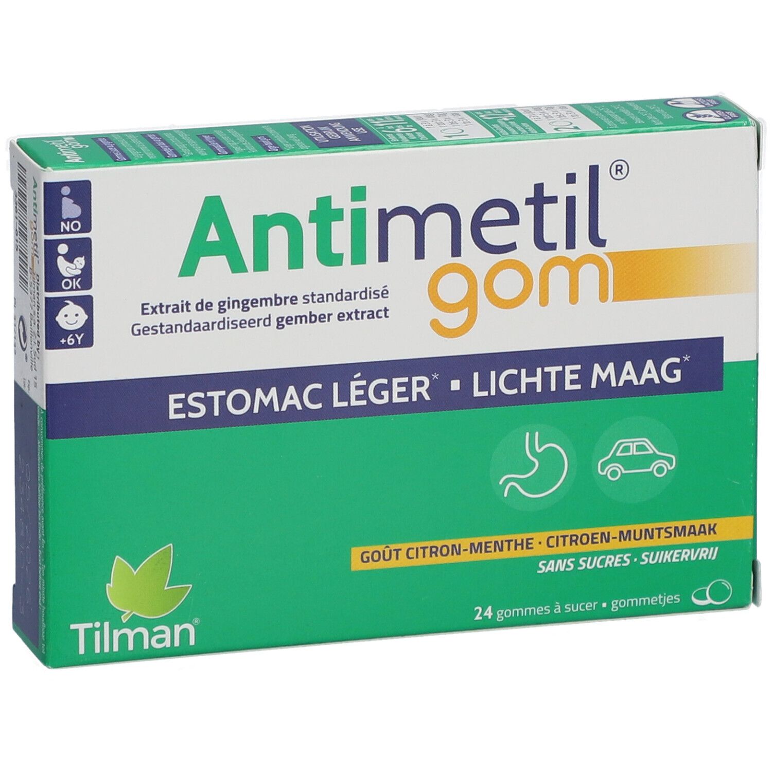 Scatola Antimetil® gom. Verde e bianco. Testo: Estomac léger, Lichte Maag. 24 gomme. Gusto zenzero. Marchio Tilman.