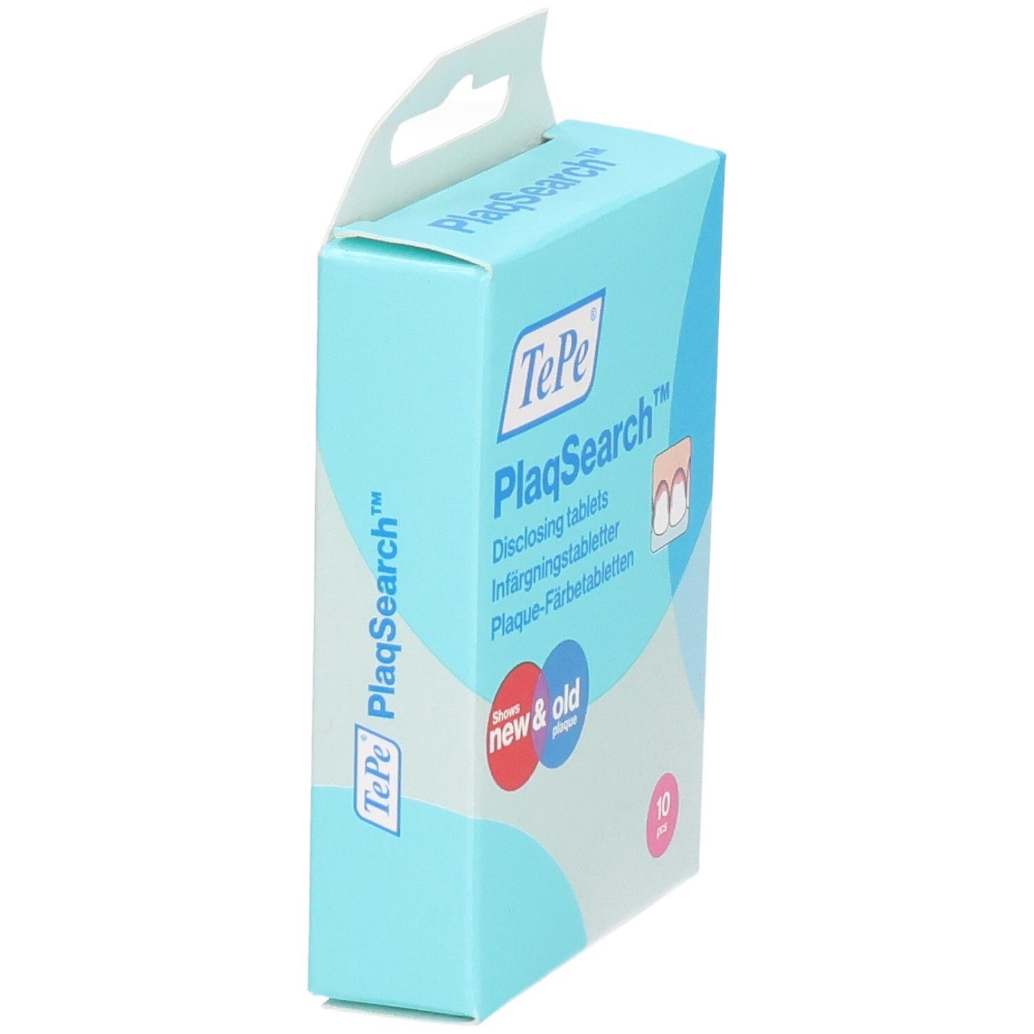 Scatola azzurra TePe PlaqSearch. Rileva placca nuova e vecchia. Contiene 10 compresse. Con gancio.