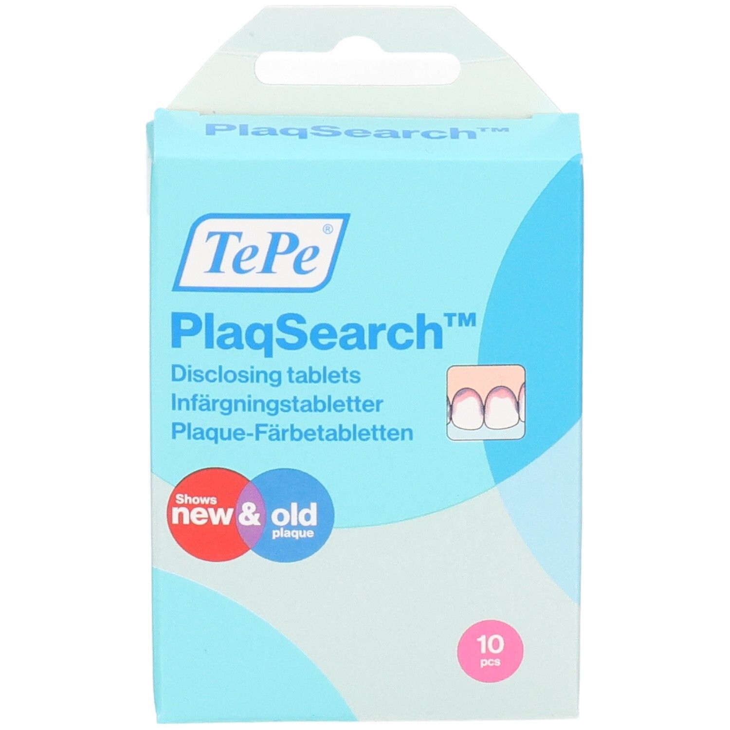 Scatola azzurra TePe PlaqSearch. Rileva placca nuova e vecchia. Contiene 10 compresse. Con gancio.