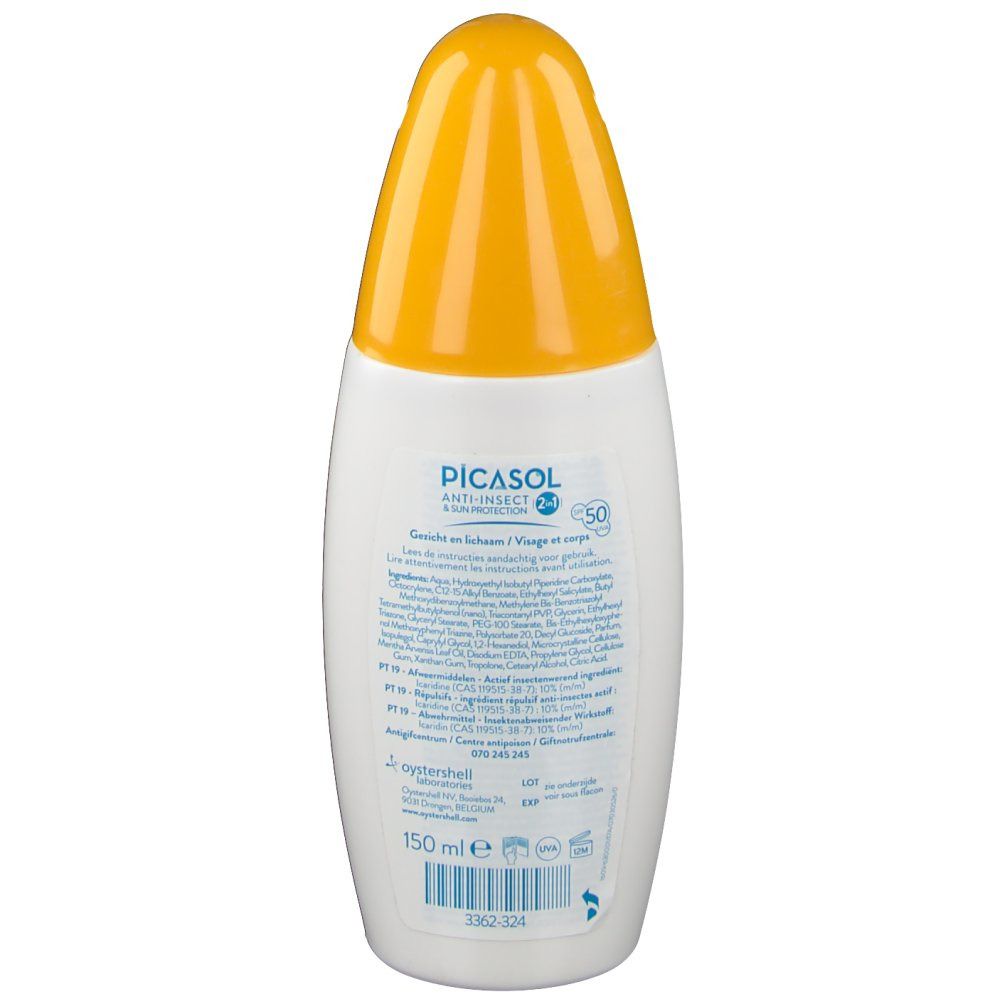 Flacone bianco con tappo giallo. Scritta Picasol, Anti-insetti & protezione solare. Vista posteriore con ingredienti.