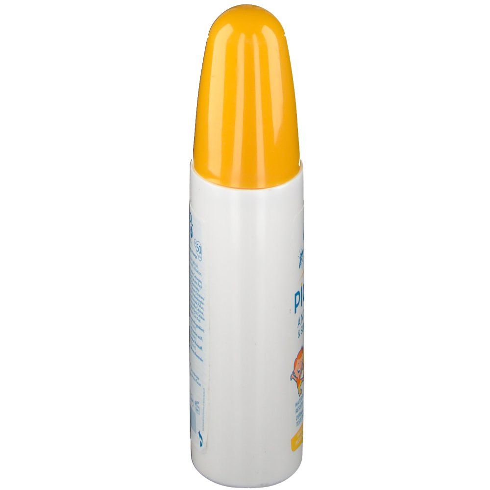 Flacone bianco con tappo giallo. Scritta Picasol. Protezione solare e insetti. Vista laterale.
