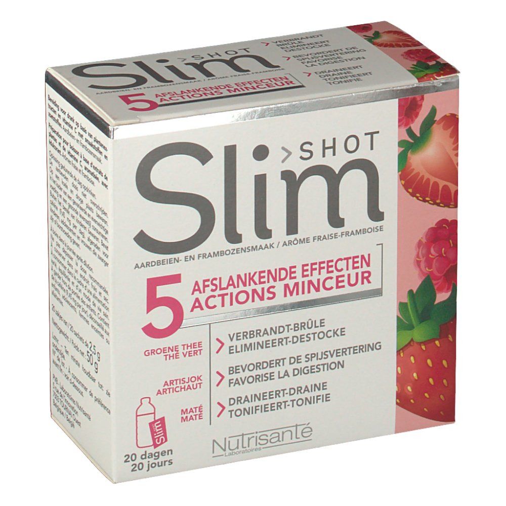 Scatola Slim Shot 5 Actions Minceur, gusto fragola-lampone. Contiene tè verde, carciofo, mate. 20 giorni.