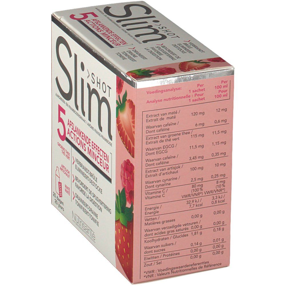Scatola Slim Shot 5 Actions Minceur. Valori nutrizionali per porzione e 100 ml. Contiene mate, tè verde, carciofo.
